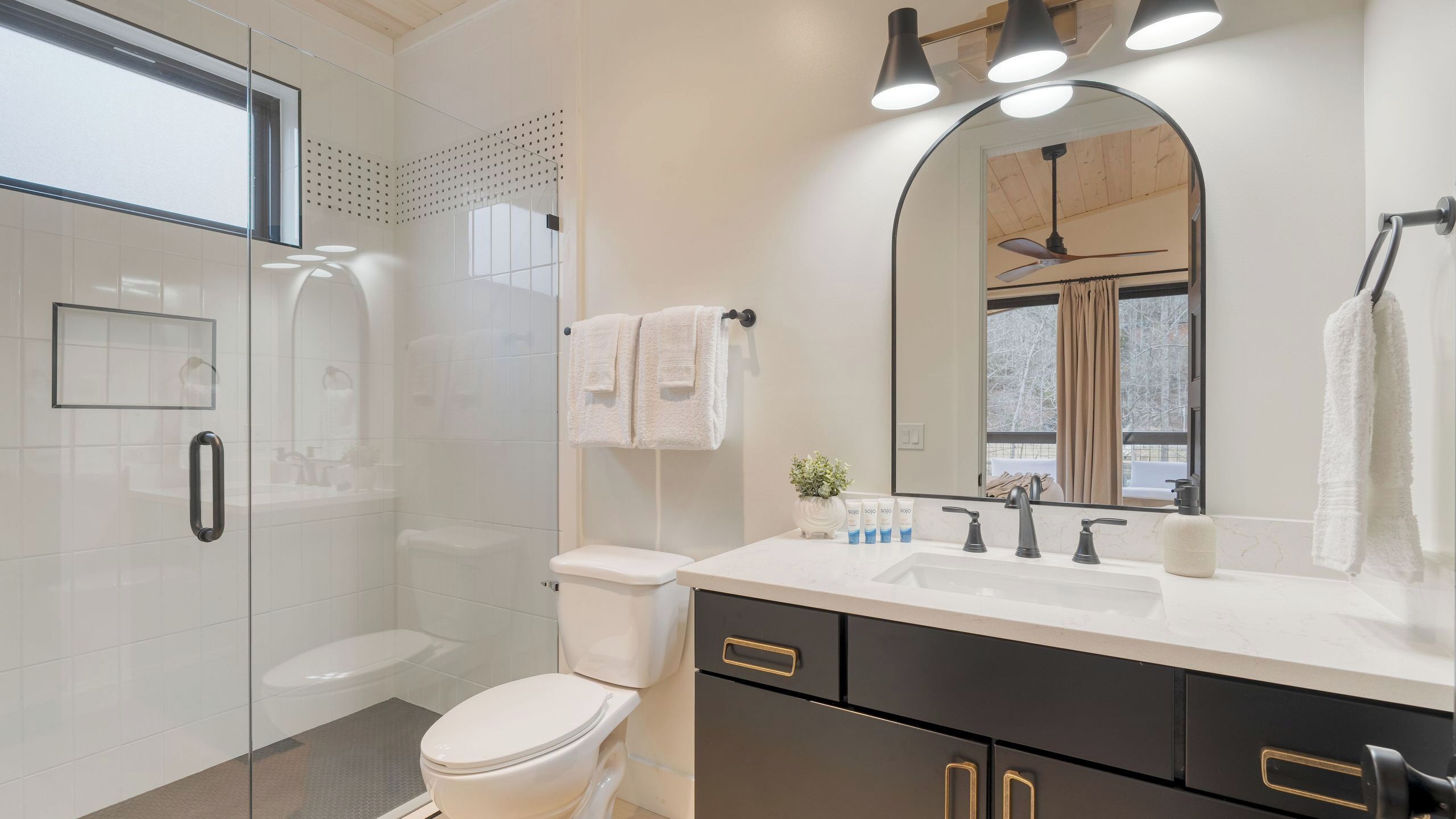 A modern bathroom with a glass shower enclosure, a toilet, a sink with a mirror, and a vanity with black cabinets.