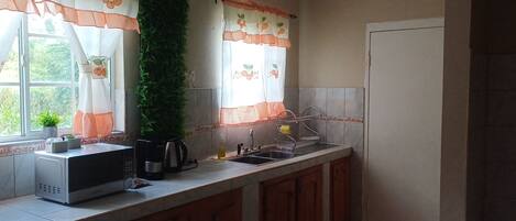 Fridge, microwave, stovetop, coffee/tea maker