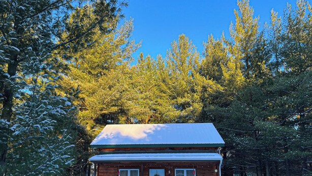 A wooden cabin with a snow-covered roof, a bench, and a picnic table in front. - Domaine Yamaska (Bromont)