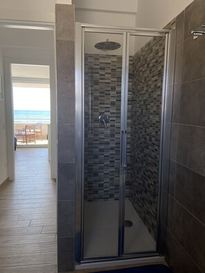 Shower, hair dryer, bidet, towels