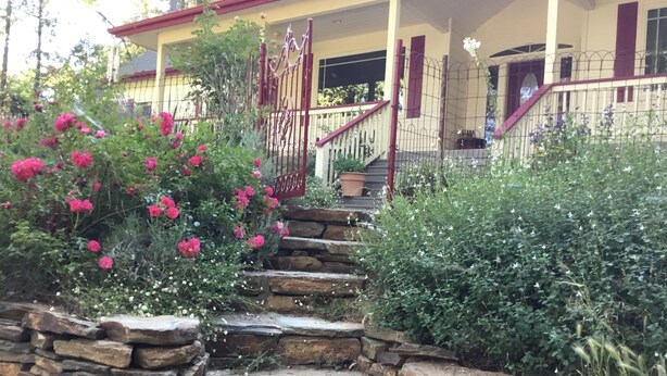A stone staircase leading to a porch with a railing, surrounded by flowering plants and greenery.