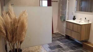 A modern bathroom with a shower, a sink, and a mirror. - Coquette and independent room, 2 steps from Chambord, the castles and Beauval (Tour-en-Sologne)