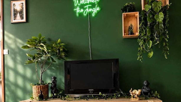 Uma estante de madeira com um letreiro de neon, plantas em vasos e uma moldura em uma parede verde.