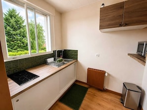 A compact kitchen with a window, a built-in microwave, and a radiator.