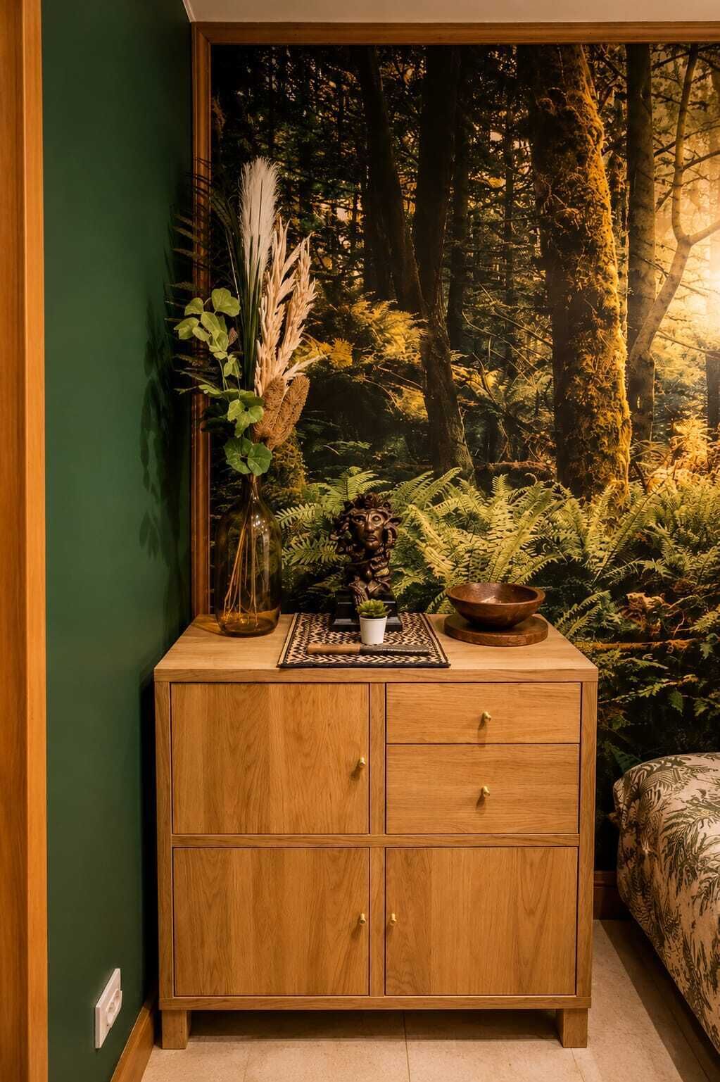 A wooden cabinet with a rustic design, placed against a green wall.