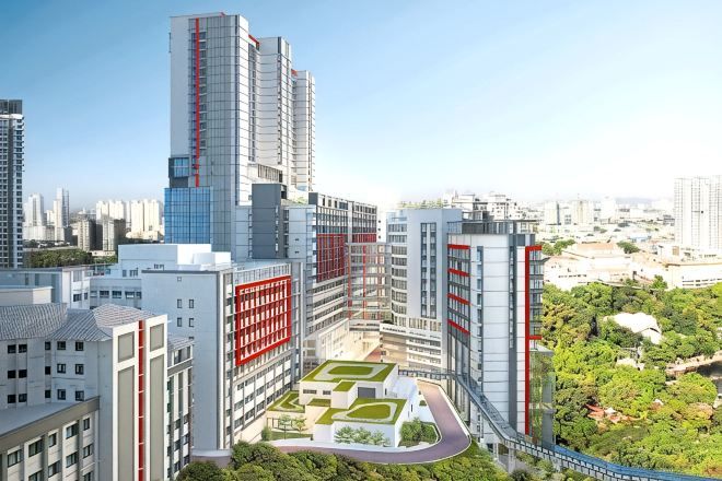 Un quartier urbain moderne, avec de hauts immeubles, une cour centrale agrémentée de verdure et un pont piétonnier.