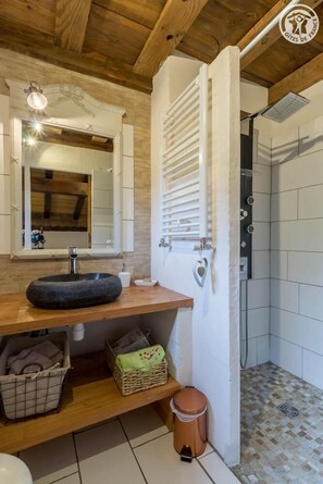 Shower, hair dryer, towels