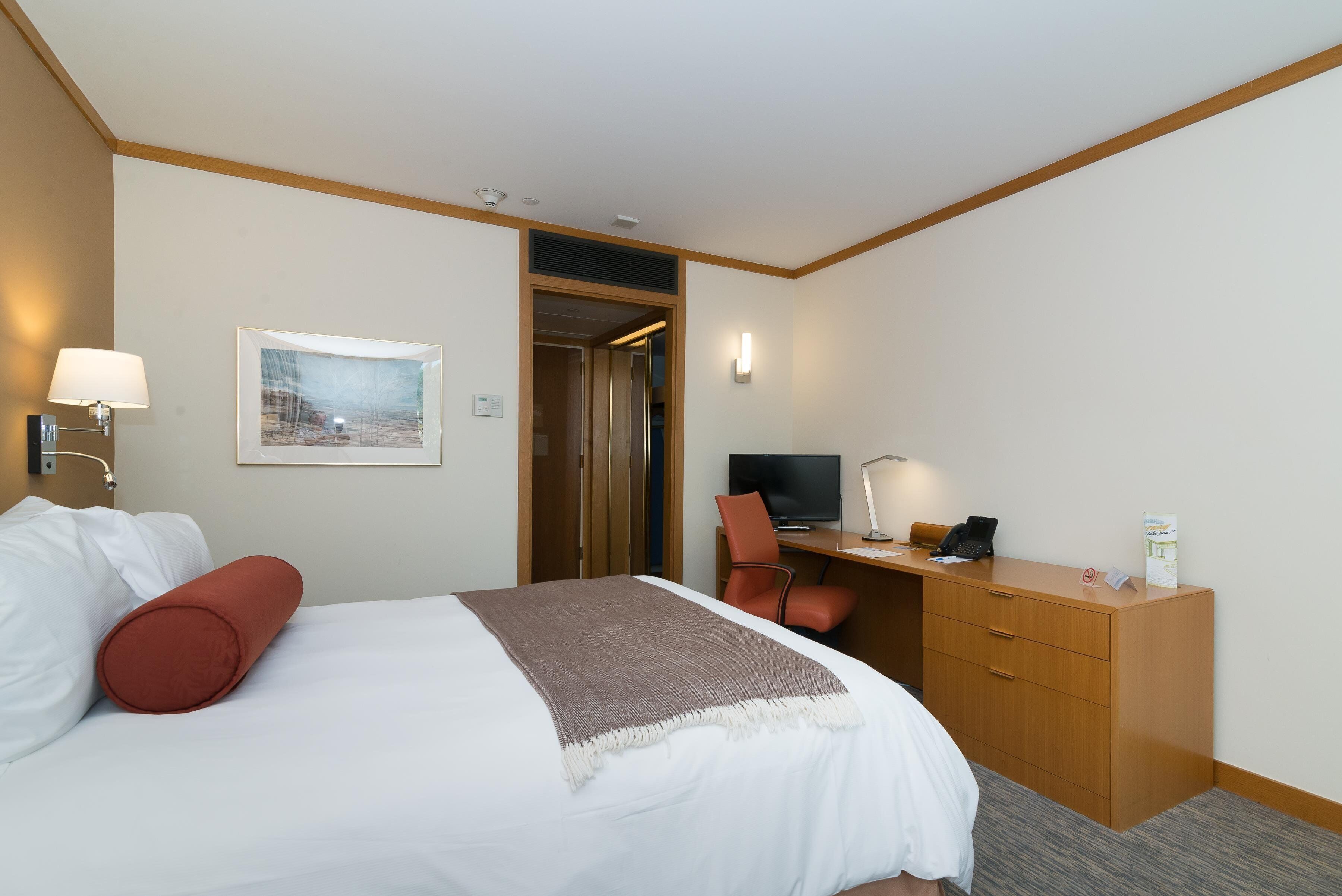 A hotel room with a bed, a desk, a chair, a television, and a telephone.