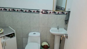 Regadera, toallas, papel de baño 