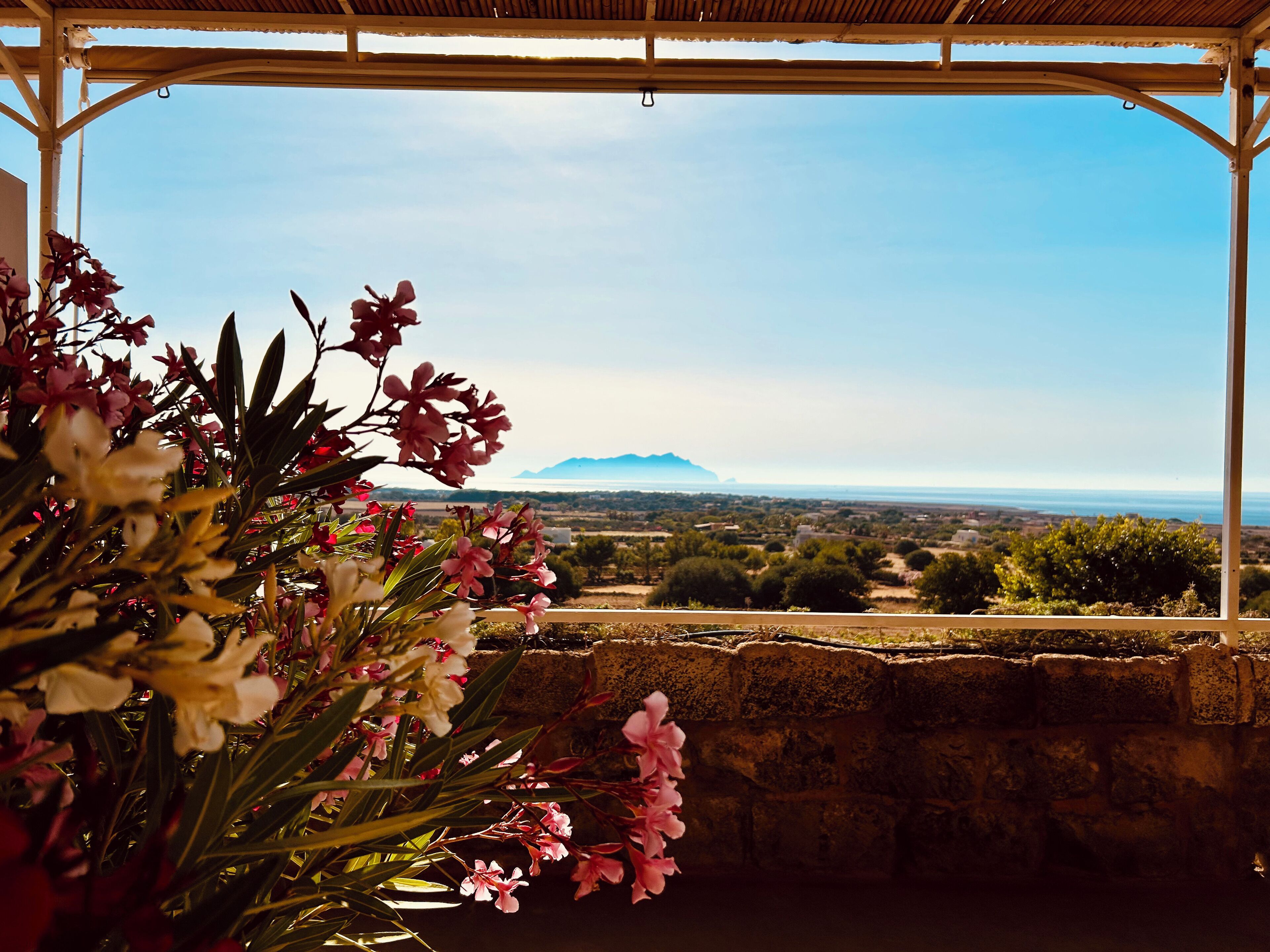 Un espacio al aire libre techado con vistas a un paisaje que incluye árboles, un muro de piedra y una cadena montañosa distante.