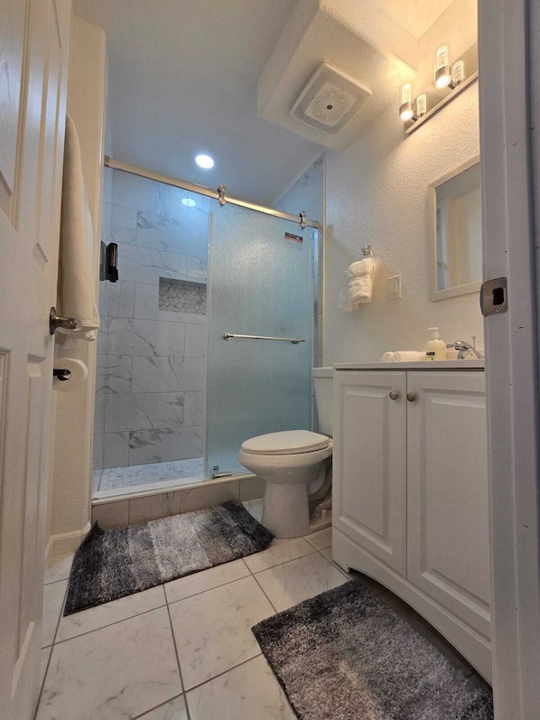 Shower, hair dryer, towels, soap