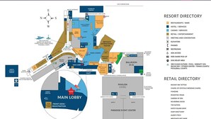 A resort directory with a map and a list of amenities.