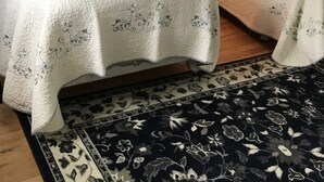 A room with two beds, a nightstand with a lamp, a framed picture on the wall, and a patterned rug. - Vermilion Park Inn, #11 French Room (2nd floor) (Soudan)