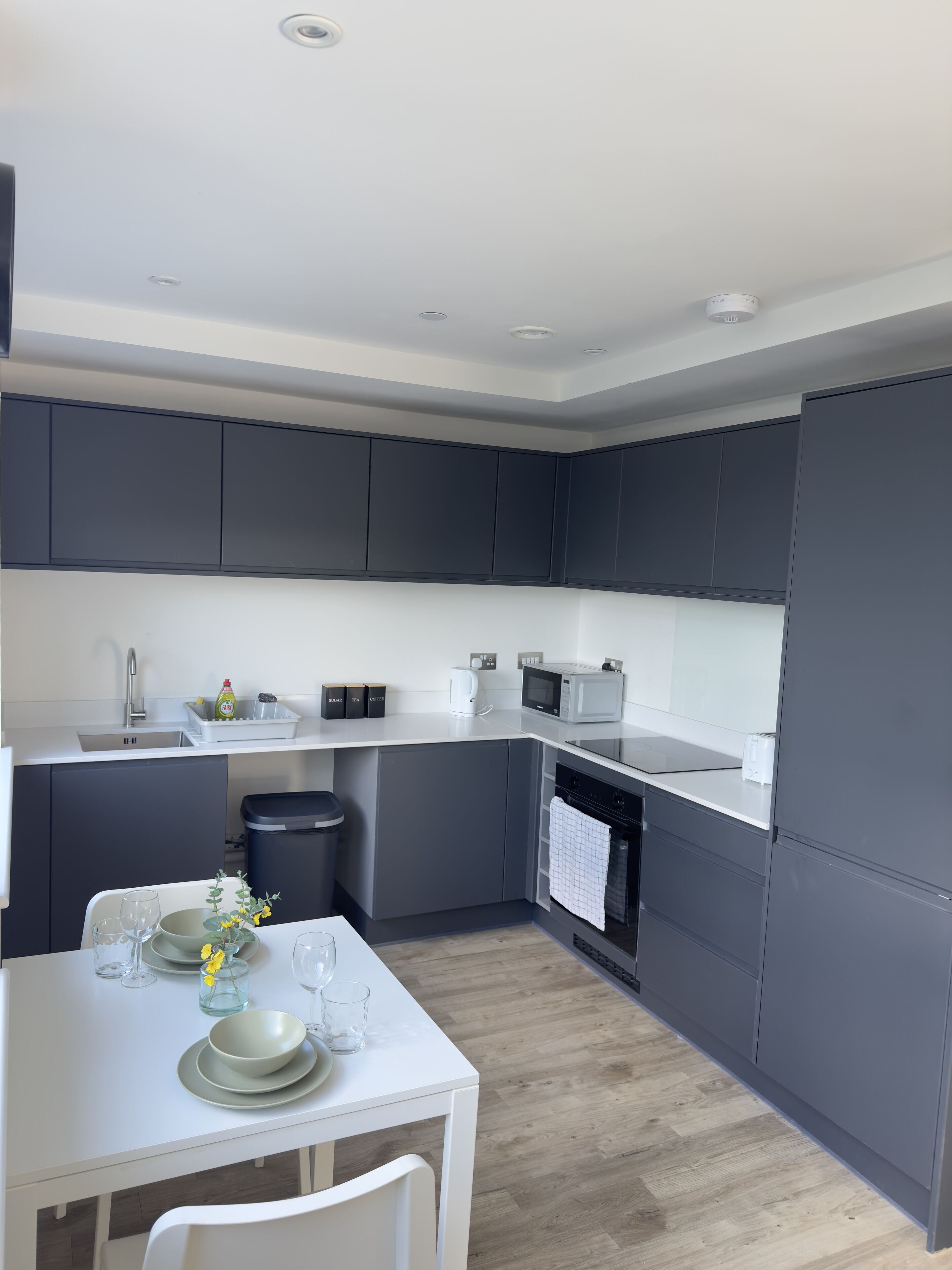 Een microgolfoven, een oven, een kookplaat