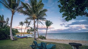 A beach with palm trees, a hammock, and two green lounge chairs.