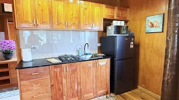 Fridge, microwave, stovetop, coffee/tea maker