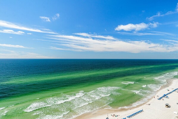 On the beach, sun loungers