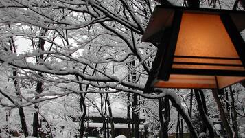 A snow-covered outdoor area with a street lamp and trees.
