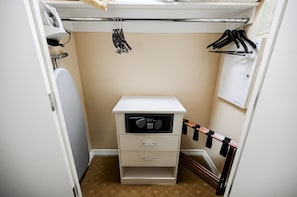 Convenient closet with microwave and ample storage for a hassle-free stay.