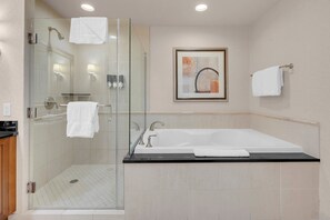 Shower, jetted tub, hair dryer, towels