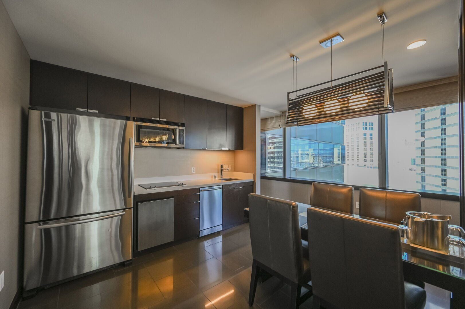 Fridge, microwave, coffee/tea maker, toaster