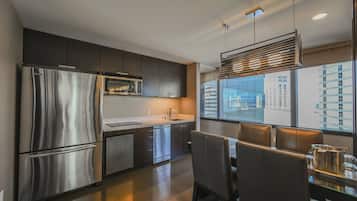 Fridge, microwave, coffee/tea maker, toaster