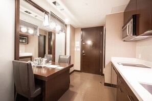 Microwave, stovetop, coffee/tea maker, toaster