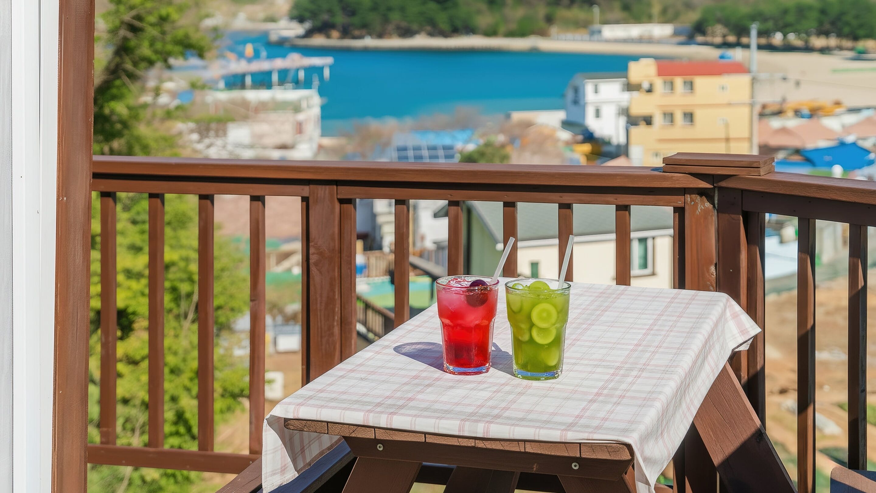 A balcony with a table set for two, overlooking a coastal area with buildings and a blue body of water.