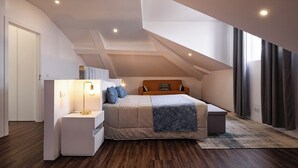 Une chambre moderne avec un plafond en pente, un lit recouvert d’une couverture à motifs, une table de chevet avec une lampe et une fenêtre avec des rideaux.