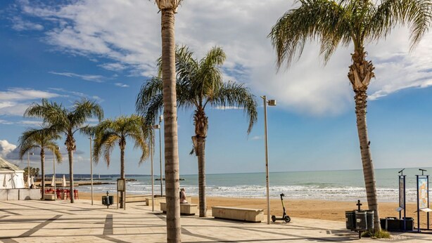 A beachfront promenade with palm trees, benches, and a scooter. - GuestHost - Lovely 25 sqm studio apartment, perfect for 2 people, located on the first floor of a renovated building without a lift. The property is located in the center of Marina di Ragusa (20 km from Ragusa), one of the most renowned seaside areas in  (Marina di Ragusa)