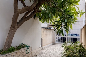 A narrow stone-paved pathway, a tree, and a gated entrance to a building.