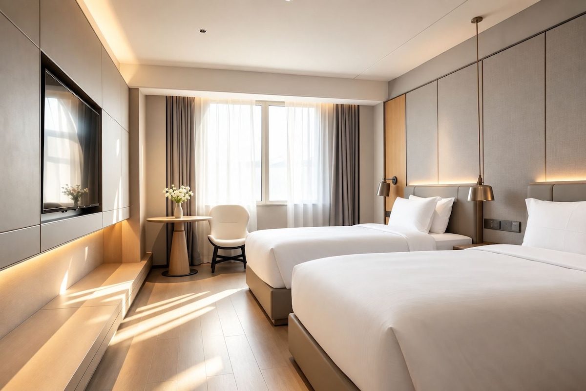 Et moderne hotelværelse med to senge, et siddeområde og et stort vindue.