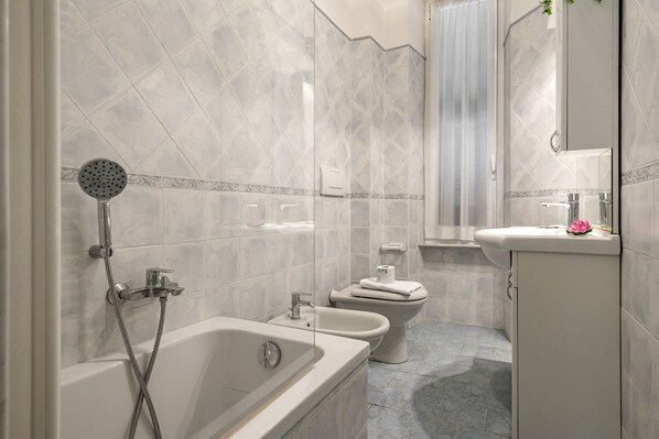 Hair dryer, bidet, towels, toilet paper