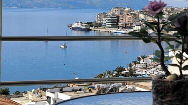 Vista de un puerto deportivo con barcos y edificios, una montaña al fondo y una planta en maceta al frente.