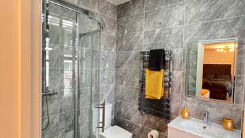 Shower, hair dryer, towels
