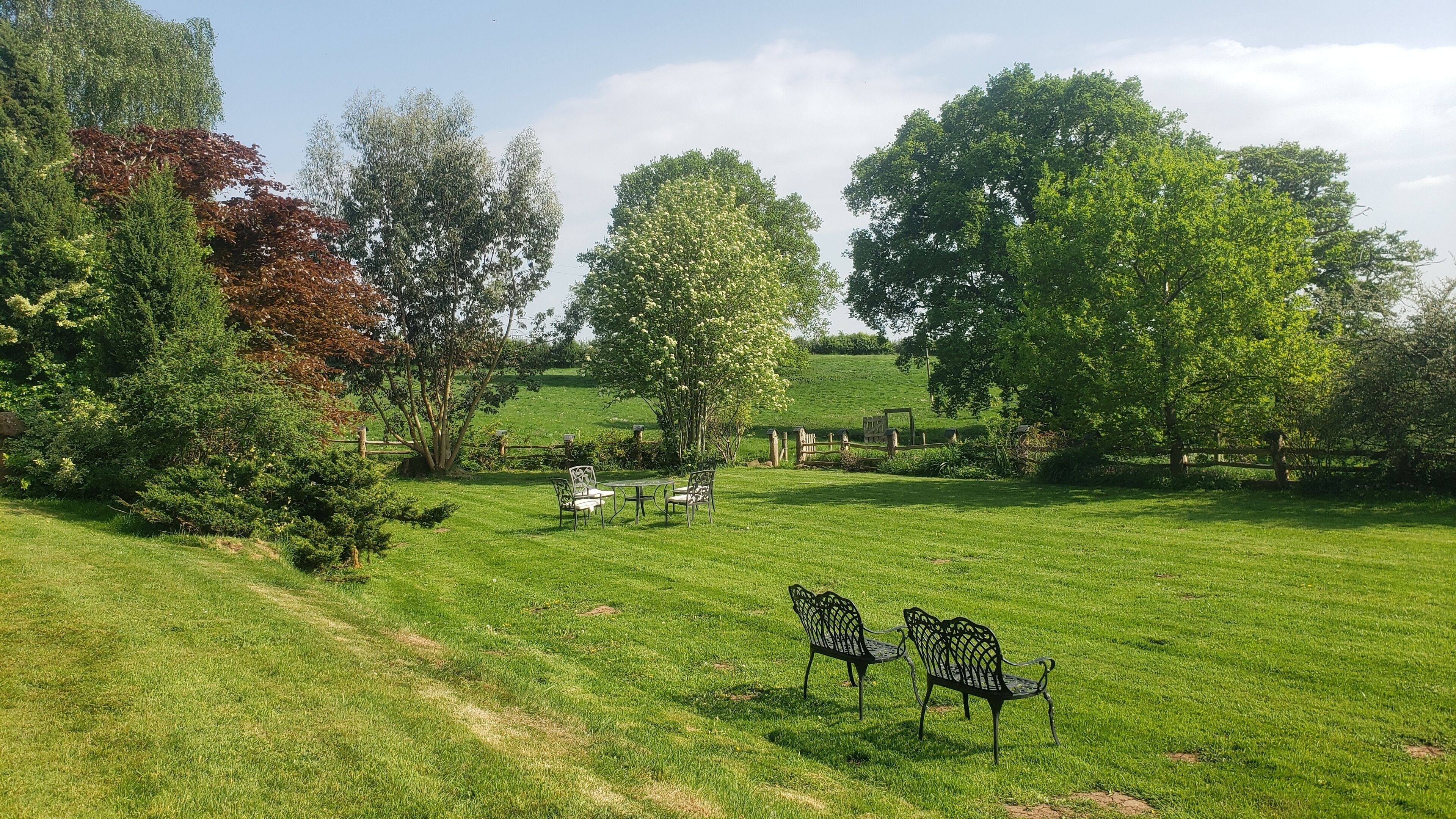 A grassy outdoor area with a picnic table and two metal chairs.