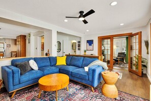 Smart TV, fireplace, books