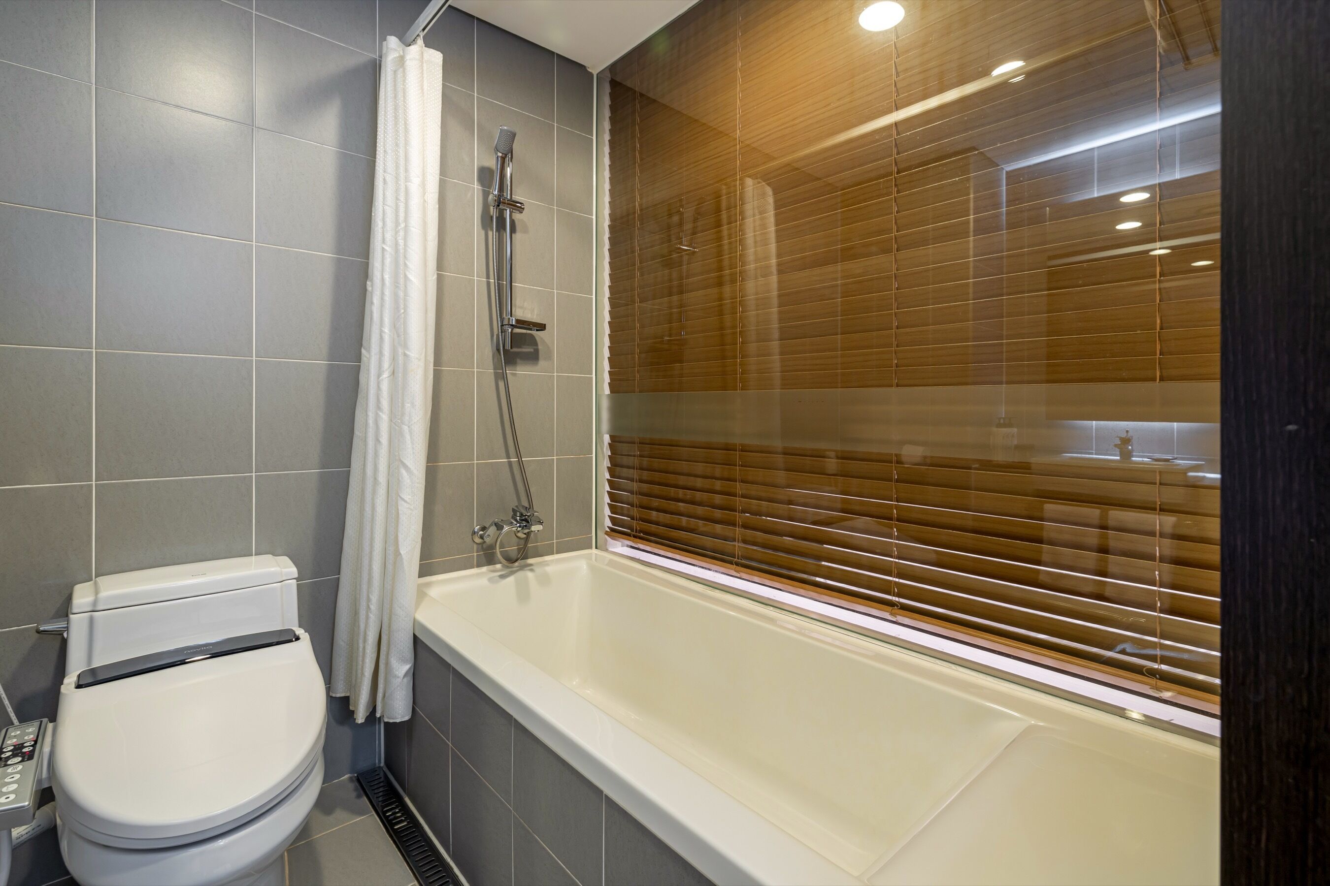 A bathroom with a toilet, shower, and bathtub.