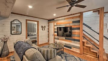 Smart TV, fireplace, DVD player, books