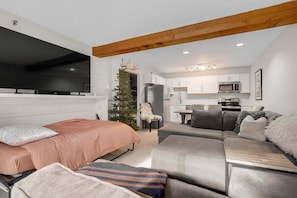 A modern living room with a sofa, a bed, a TV, and a kitchen area.