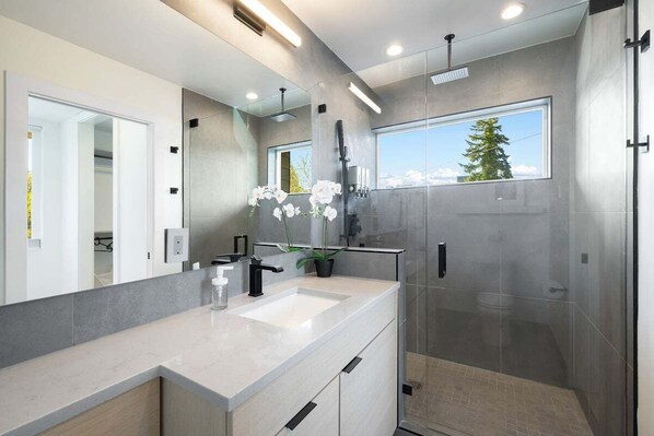 Shower, hair dryer, towels
