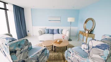 Premium Suite Ocean View, Floor-to-ceiling window, 2 Rooms, Ocean view available lying on bed | Hypo-allergenic bedding, laptop workspace, free WiFi, bed sheets
