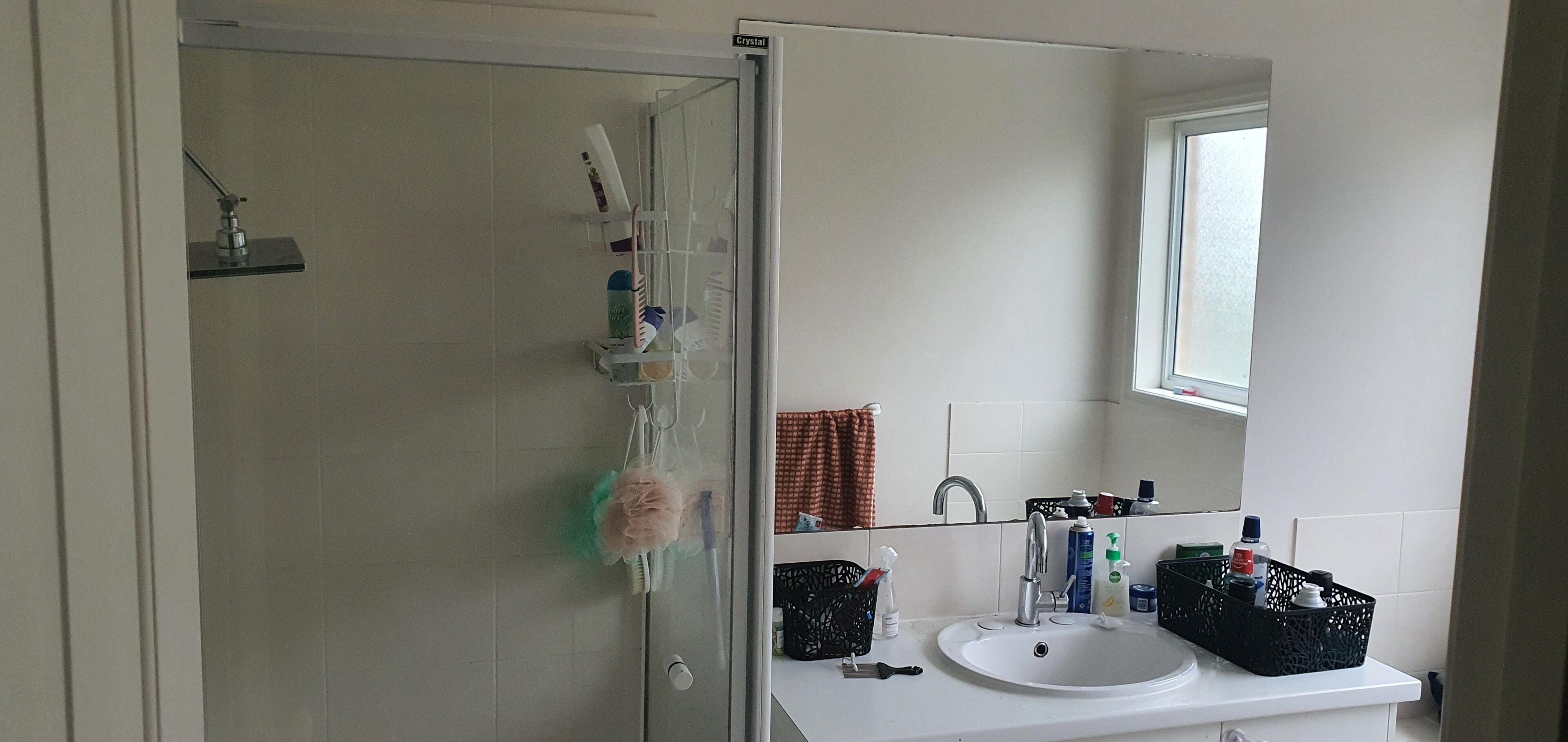 Shower, towels, soap, toilet paper