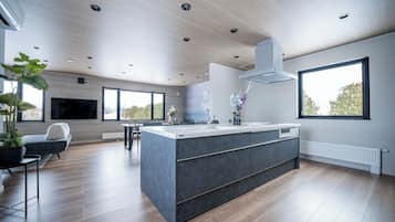 Fridge, microwave, stovetop, electric kettle