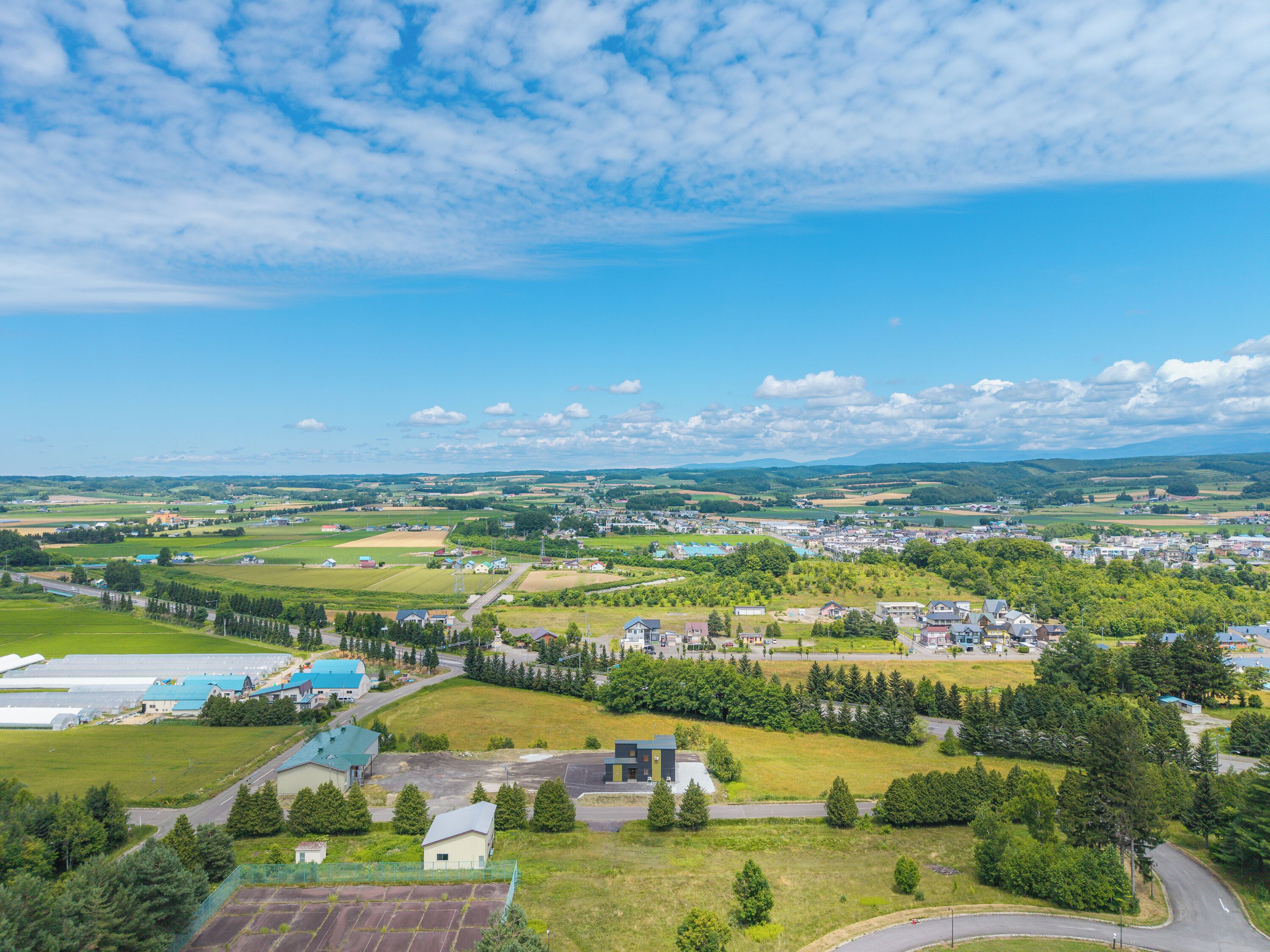 A panoramic view of a town with a mix of residential and commercial buildings, surrounded by green fields and trees.