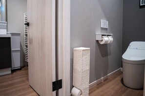 Hair dryer, slippers, bidet, towels