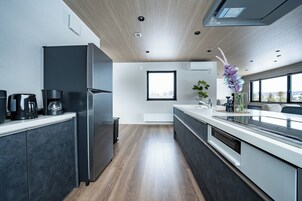 Fridge, microwave, stovetop, electric kettle