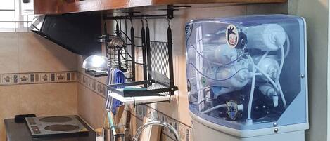 Fridge, microwave, stovetop, electric kettle