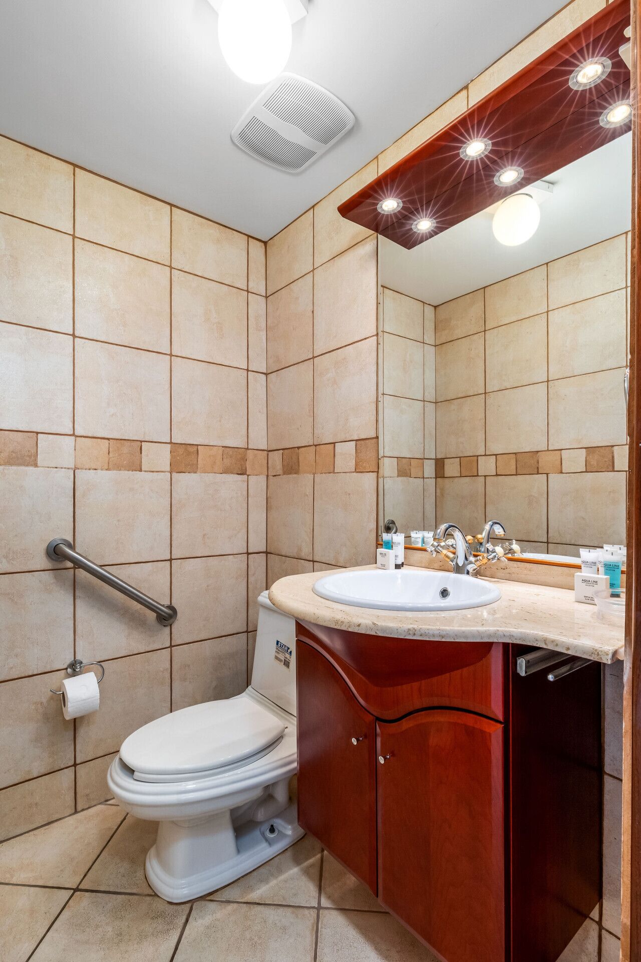Un baño con un inodoro blanco, un lavabo con un espejo arriba y un pasamanos en la pared.