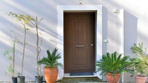 Une porte marron avec un petit porche et un mur blanc. Devant la porte, on peut voir trois plantes en pot.